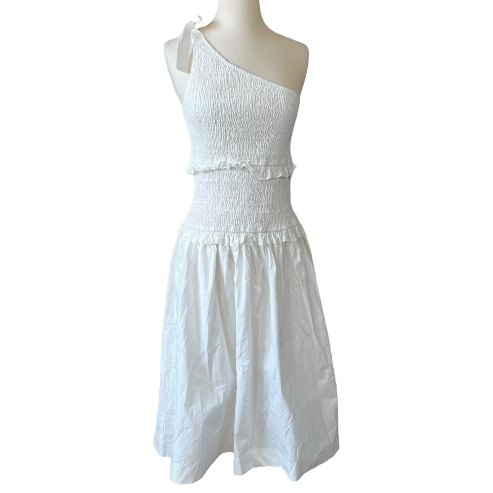 En Saison Aubin White One Shoulder Smocked Ruffle Midi Dress